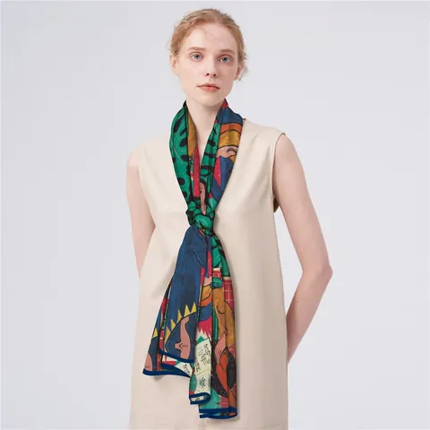 Sciarpa Artistica in Satin con Pittura a Olio Impressionista per Donna Grande Scialle Elegante per Viaggi e Protezione Solare