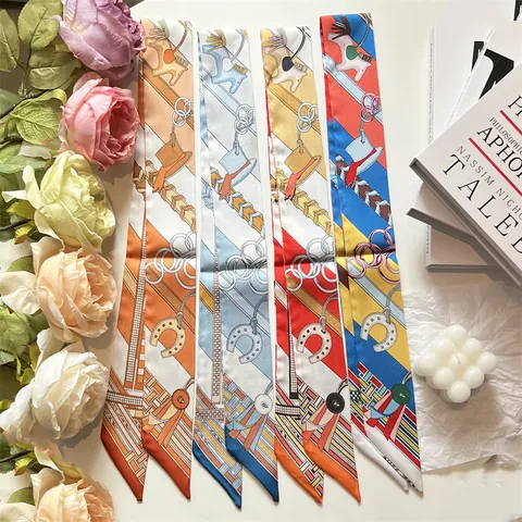 French Style Equestrian Print Satin Narrow Scarf Elegant Twilly For Bag Handle Hair Ribbon Neck Scarf Women Fashion Accessory