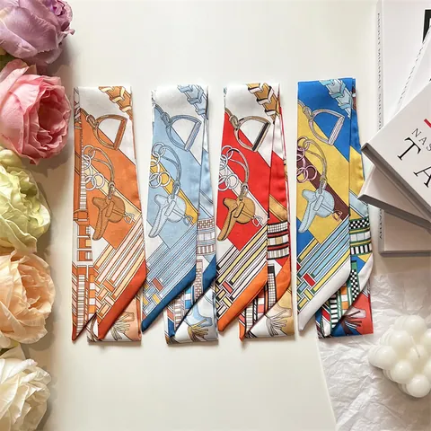 French Style Equestrian Print Satin Narrow Scarf Elegant Twilly For Bag Handle Hair Ribbon Neck Scarf Women Fashion Accessory