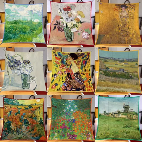 Vintage Ölgemälde Druck Satin Quadratischer Schal Für Damen Künstlerisch Van Gogh Stil Französisch Retro Kopftuch Haarband Schal