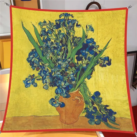 Van Gogh Ölmalerei Serie Satin Quadratischer Schal Künstlerische Sternennacht Sonnenblumen Mandelblüten Großer Eleganter Kopfschal Tuch Wandbehang Für Damen Geschenk