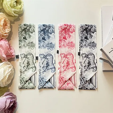 French Style Toile de Jouy Tiger Print Satin Twilly Scarf For Women Double Sided Striped Narrow Long Hair Band Bag Ribbon Scarf