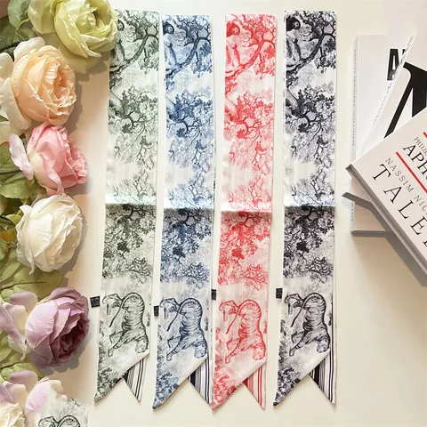 French Style Toile de Jouy Tiger Print Satin Twilly Scarf For Women Double Sided Striped Narrow Long Hair Band Bag Ribbon Scarf