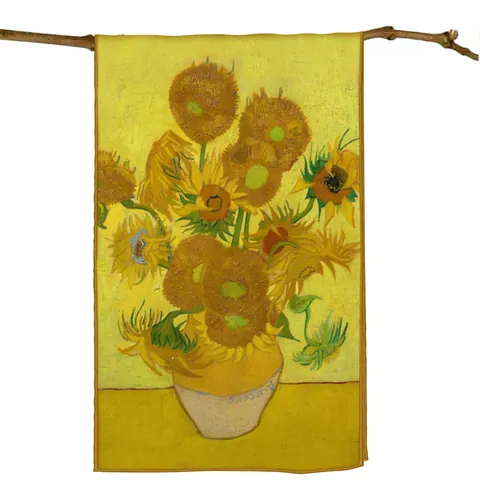 Van Gogh Sunflower Art Print Long Satin Scarf For Women Vintage Yellow Floral Silk Like Neck Wrap Summer Shawl Gift For Elders