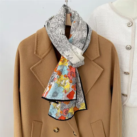 Luxury Mulberry Silk Scarf Women Elegant French Style Floral Landscape Print Artistic Long Neck Wrap Fashion Shawl Accessory