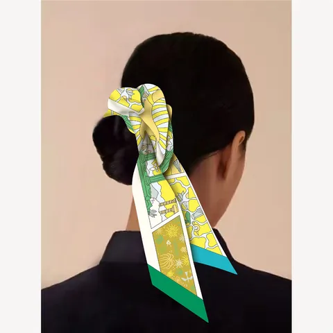 Coletero de Satin con Lazo Elegante Francés y Cinta Larga Estampado Ecuestre Geométrico Diadema Tacto Seda para Mujer