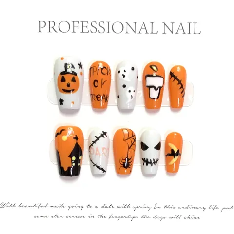 Halloween Pumpkin Ghost Face Press On Nails Short Coffin Orange Black White Hand Painted Funny Reusable Fake Nails For Women Party