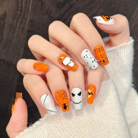 Halloween Pumpkin Ghost Face Press On Nails Short Coffin Orange Black White Hand Painted Funny Reusable Fake Nails For Women Party