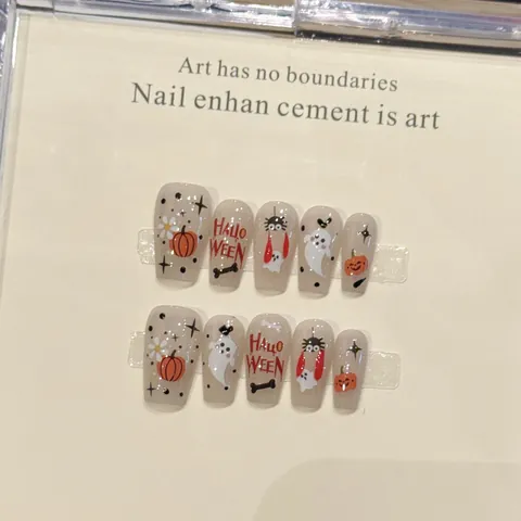 Halloween Pumpkin Ghost Spider Pattern Short Coffin Press On Nails Handmade Cartoon Devil Funny Decorative Nail Art Tips