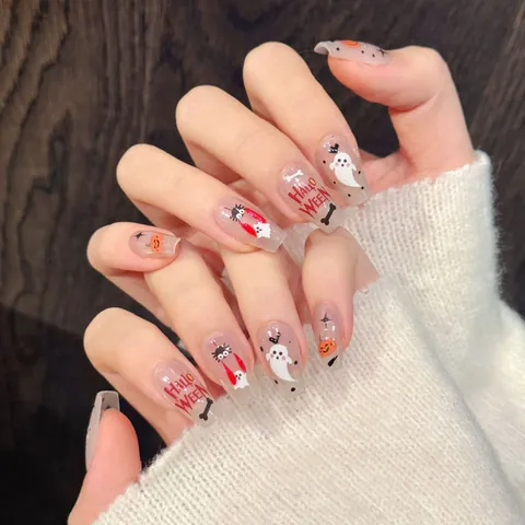 Halloween Pumpkin Ghost Spider Pattern Short Coffin Press On Nails Handmade Cartoon Devil Funny Decorative Nail Art Tips