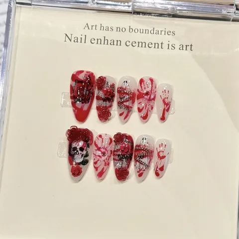 Halloween Ohrstecker Nägel Gothic Dunkelrot Blutspritzer 3D Rose Schädel Gespenst Stiletto Künstliche Nägel Kunst
