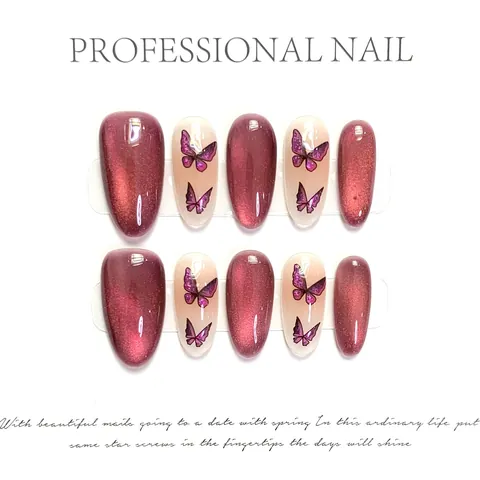 Handmade Cat Eye Press On Nails Rose Red Purple Butterfly Design Long Oval Shape Fake Nails Professional Nail Art Kit Women