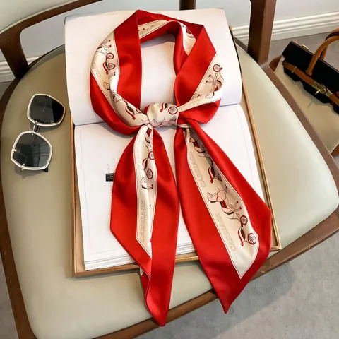 Vintage Carriage Print Satin Scarf For Women Red White Narrow Silk Like Scarf Thin Tie Ribbon For Handbag Neck Decor