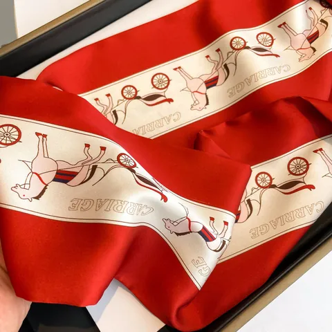 Vintage Carriage Print Satin Scarf For Women Red White Narrow Silk Like Scarf Thin Tie Ribbon For Handbag Neck Decor