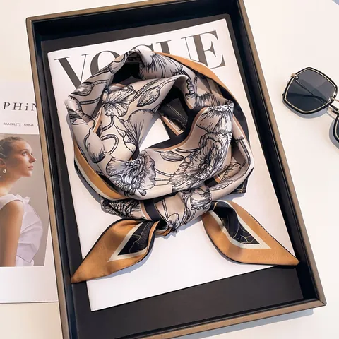 Eleganter Satin Schal mit Blumendruck für Damen Lang Schmal Retro Botanisches Muster Glatt Dekoratives Halstuch Handtaschenband