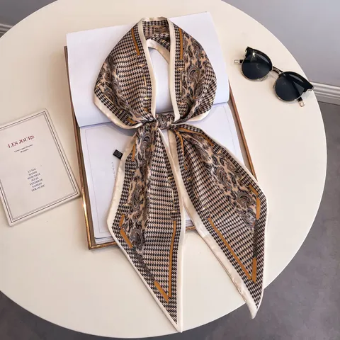 Women French Vintage Satin Skinny Scarf Elegant Houndstooth Paisley Printed Twilly Thin Long Neck Scarf For Travel Sun Protection