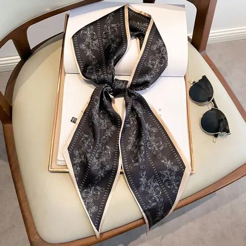Franse Stijl Satijnen Smalle Sjaal Voor Dames Bloemen Strik Print Twilly Elegante Contrastrand Hals Accessoire Haarband