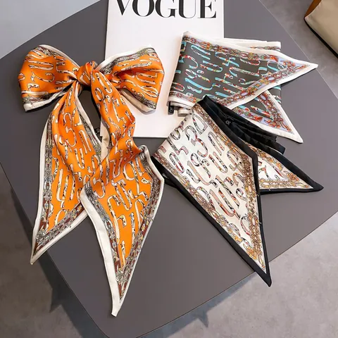 Fashion Women Satin Narrow Twilly Scarf Letter Baroque Print Beveled Edge Neckerchief Headband Hair Ribbon Scarf Accessories