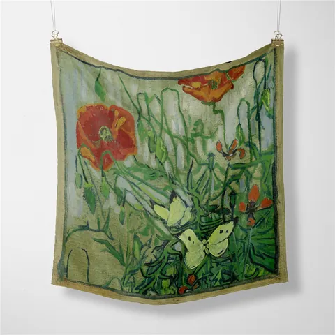 Van Gogh Oil Painting Butterfly Poppy Flower Print Satin Small Square Scarf For Women Artistic Decorative Neck Scarf Handkerchief