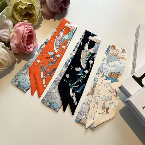Satin Skinny Twilly Scarf For Bag Handle Whimsical Illustration Print Neck Tie Hair Band For Women Fashion Accessories