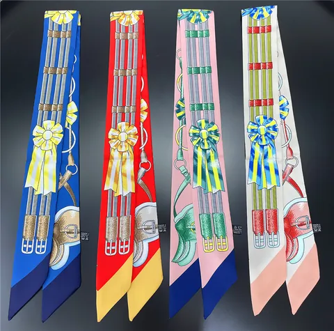 Women Elegant Equestrian Print Satin Narrow Scarf Horse Chain Pattern Twilly For Bags Hair Accessory Silk Feeling Necktie