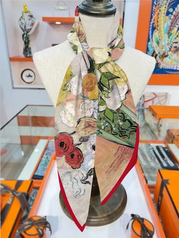 French Retro Van Gogh Oil Painting Floral Satin Square Scarf For Women Large Artistic Sun Protection Shawl Silk Like Hair Scarf Headband