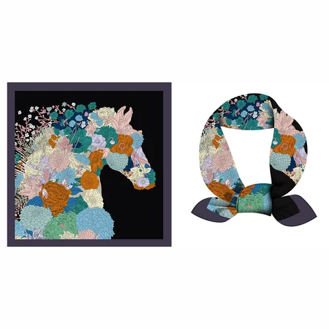 Vintage Künstlerisch Blumen Pferdekopf Druck Satin Viereckiges Tuch Für Damen Boho Halstuch Haar Turban Eleganter Stirnband Accessoire