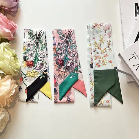 Dames Satijnen Smalle Sjaal met Bloemenprint Elegante Franse Stijl Twilly Haarlint Tas Handvat Wrap Sjaal Mode Dunne Neck Tie Voor Dames