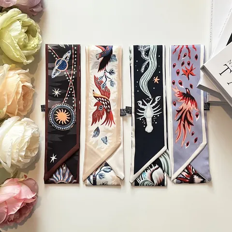 French Vintage Satin Skinny Scarf For Women Celestial Floral Print Twilly Scarf Hair Band Neck Tie Bag Scarf Accessory