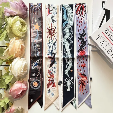 French Vintage Satin Skinny Scarf For Women Celestial Floral Print Twilly Scarf Hair Band Neck Tie Bag Scarf Accessory