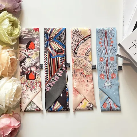 Women Satin Skinny Scarf For Bag Handle Wrap Neck Tie Hair Ribbon Butterfly Heart Print Elegant Twilly Scarf Accessory