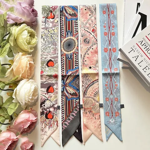 Women Satin Skinny Scarf For Bag Handle Wrap Neck Tie Hair Ribbon Butterfly Heart Print Elegant Twilly Scarf Accessory