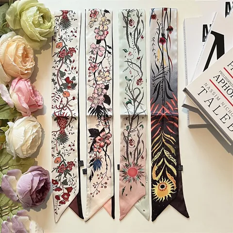 Women Elegant French Vintage Floral Satin Twilly Scarf Narrow Long Neck Scarf For Bag Handle Hair Tie Wrap Fashion Gift