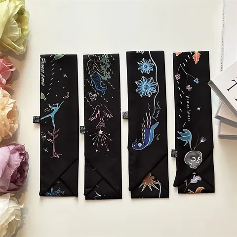 Vintage Artistic Hand Drawn Print Satin Twilly Scarf For Women Double Sided Sun Moon Mermaid Pattern Neck Tie Bag Ribbon