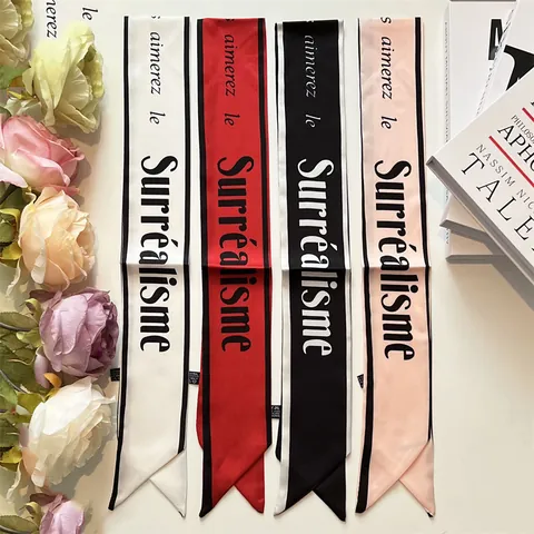 French Style Letter Print Satin Narrow Long Scarf Twilly For Women Hair Tie Bag Handle Decor Neck Scarf Ribbon Headband