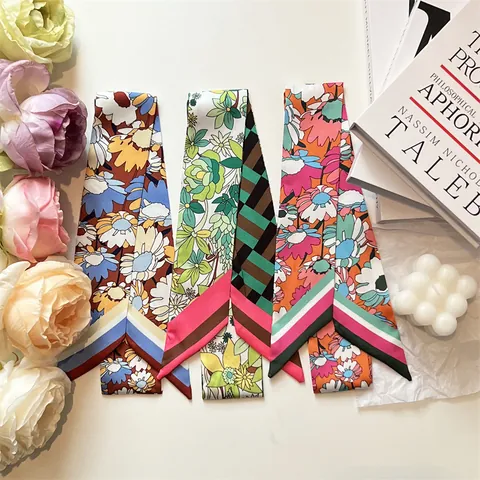 Women Floral Print Satin Twilly Scarf For Bag Handle Hair Tie Vintage Narrow Skinny Scarf Elegant Headband Neck Ribbon Accessory