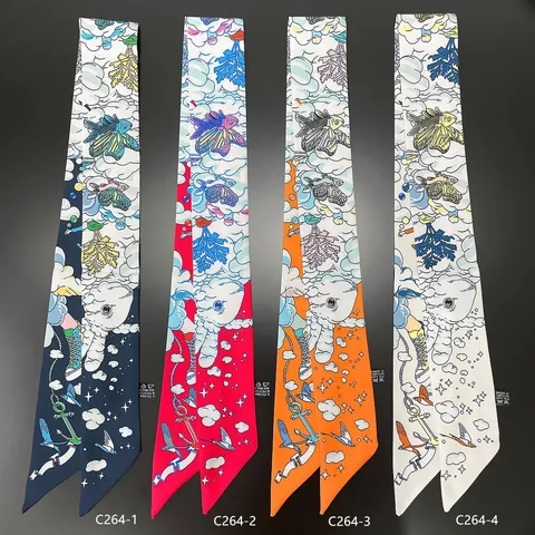 Women Fashion Satin Skinny Scarf Artistic Cartoon Printed Twilly Scarf For Handbag Wrap Neck Tie Accessory