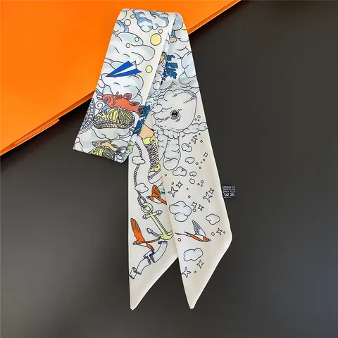 Women Fashion Satin Skinny Scarf Artistic Cartoon Printed Twilly Scarf For Handbag Wrap Neck Tie Accessory