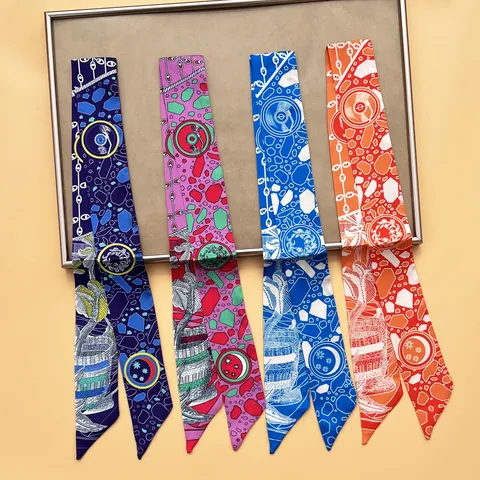 Sciarpa Stretta in Raso Stampato Vintage da Donna Motivo Floreale Civetta Stella Luna Fascia per Capelli Nastro per Borsa Elegante Accessorio Twilly