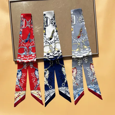Vintage Equestrian Print Narrow Scarf For Women Horse Bit Chain Pattern Polyester Satin Twilly Scarf For Bag Handle Decor