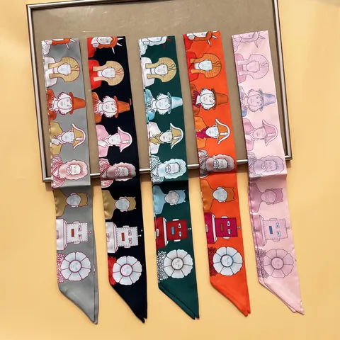 Women Cartoon Print Satin Skinny Scarf Artistic Twilly Handbag Handle Ribbon Fashion Silk-Like Neck Scarf Hair Band For Ladies