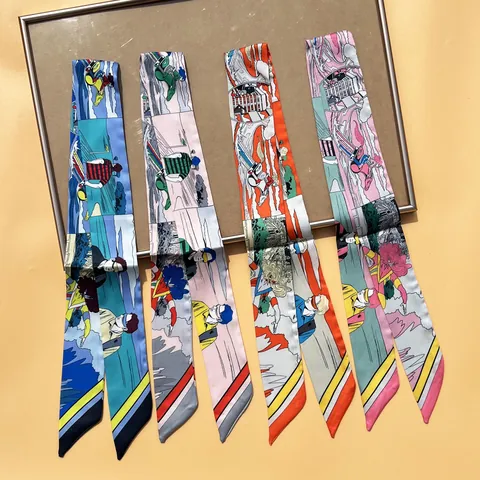 Women Vintage Comic Print Satin Narrow Scarf Fashion Twilly Hair Tie Bag Ribbon Neck Scarf For Ladies Spring Summer