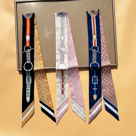 Elegant Satin Skinny Scarf Women Polka Dot Equestrian Print Ribbon Tie Fashion Horse Stirrup Pattern Neck Scarf Accessory