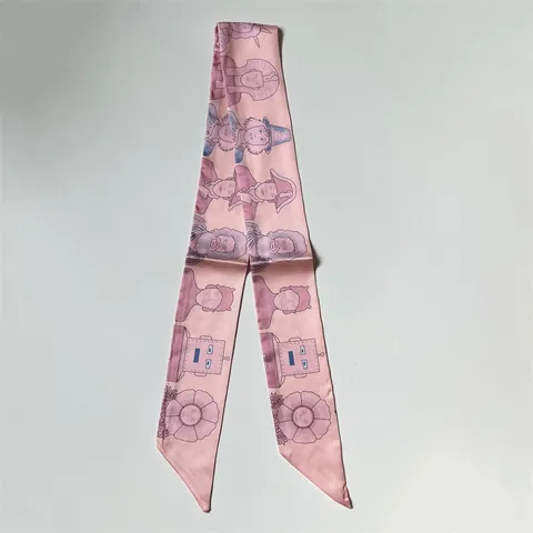 Women Cartoon Print Satin Skinny Scarf Artistic Twilly Handbag Handle Ribbon Fashion Silk-Like Neck Scarf Hair Band For Ladies