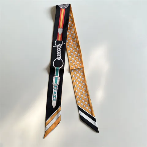Elegant Satin Skinny Scarf Women Polka Dot Equestrian Print Ribbon Tie Fashion Horse Stirrup Pattern Neck Scarf Accessory