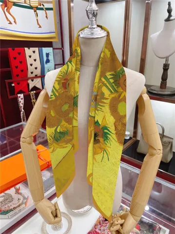 Van Gogh Sunflowers Oil Painting Print Square Scarf Satin Silk Feeling Hair Band Artistic Head Scarf For Women Yellow Accessory