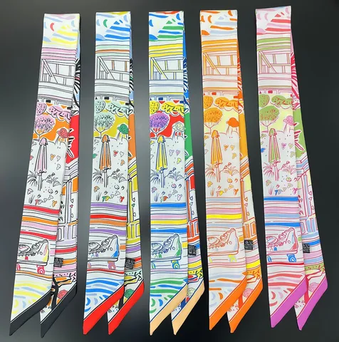 Women Fashion Artistic Illustration Printed Satin Skinny Scarf Versatile Bag Handle Ribbon Hair Band Neck Tie Decorative Scarf