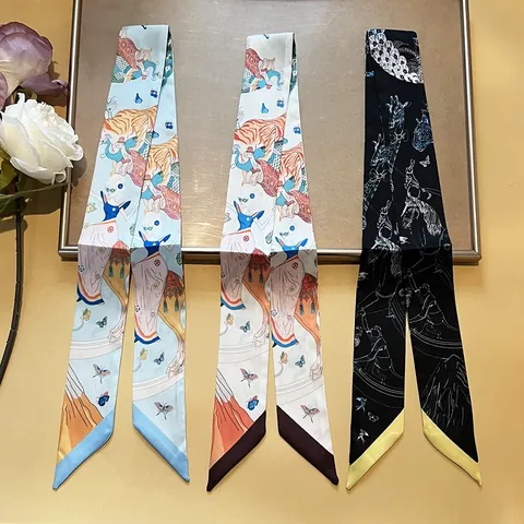 Artistic Illustration Print Satin Twilly Scarf For Bag Handle Decoration Elegant Skinny Neck Scarf For Women Floral Animal Pattern Wrap