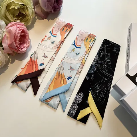Artistic Illustration Print Satin Twilly Scarf For Bag Handle Decoration Elegant Skinny Neck Scarf For Women Floral Animal Pattern Wrap
