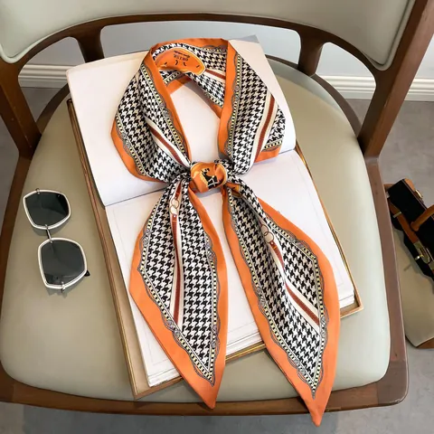Women Skinny Twilly Scarf Houndstooth Equestrian Horse Chain Print Polyester Satin Neck Tie Bag Ribbon
